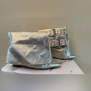 Azalea Wang Quistina Vegan Leather Gold Fold Over Boots, Size 40 (US 9,) NIB